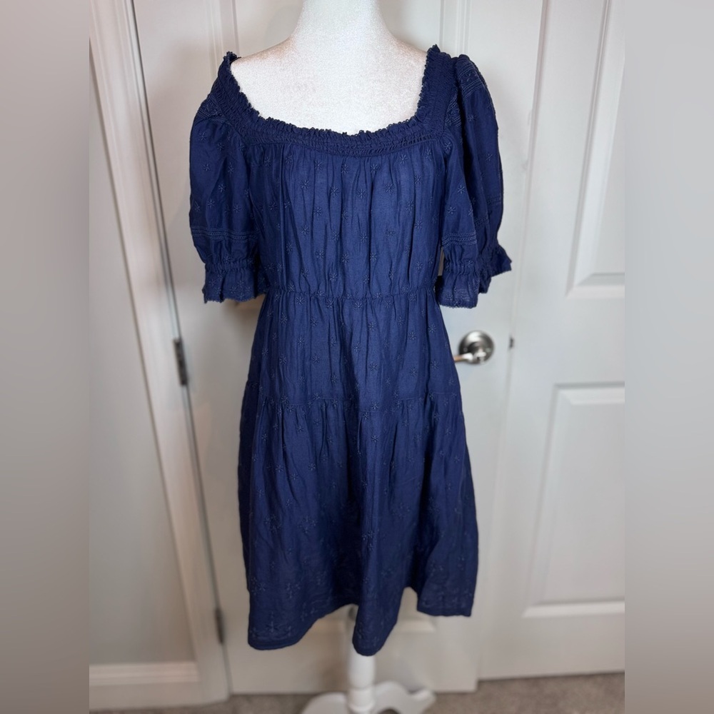 Old Navy Navy Embroidered Smocked Dress M Milkmaid Babydoll Cottagecore Bohemian